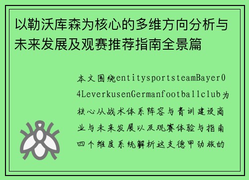 以勒沃库森为核心的多维方向分析与未来发展及观赛推荐指南全景篇